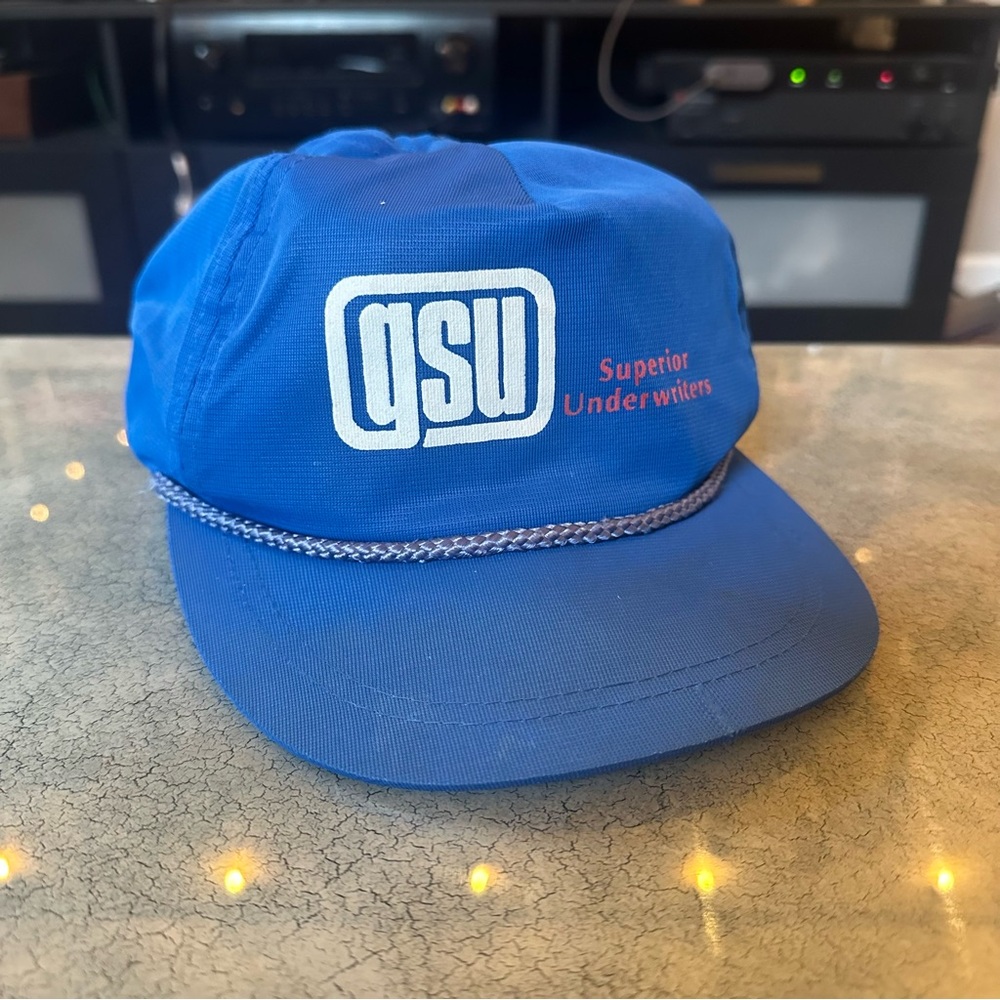 Vintage GSU Superior Underwriters Trucker SnapBack Hat Cap Blue 100% Nylon